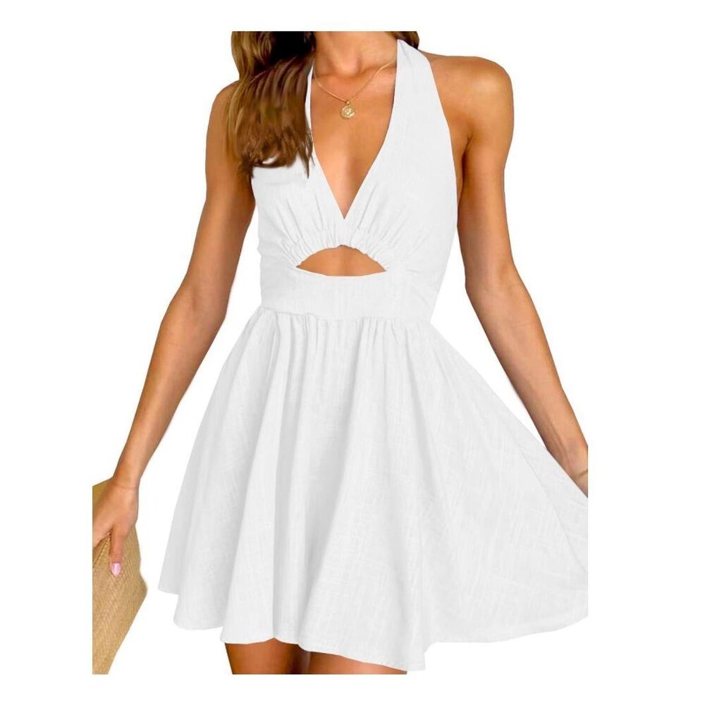 White Summer Sleeveless Halter Backless Flared Mini Dress - Never Worn - Picture 2 of 4